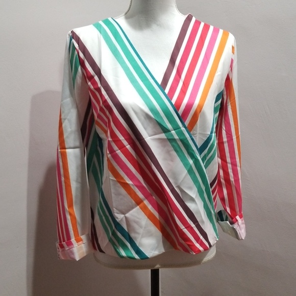 Multicolor Stripe Surplice Blouse with 3/4 Sleeves - Picture 2 of 4